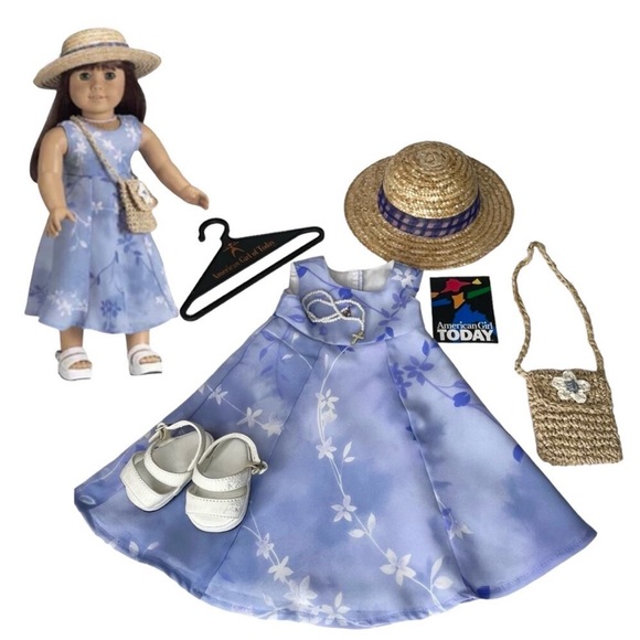 American Girl Pleasant Company PERIWINKLE DRESS OUTFIT Pearls Purse Hat Shoes + - Picture 1 of 9